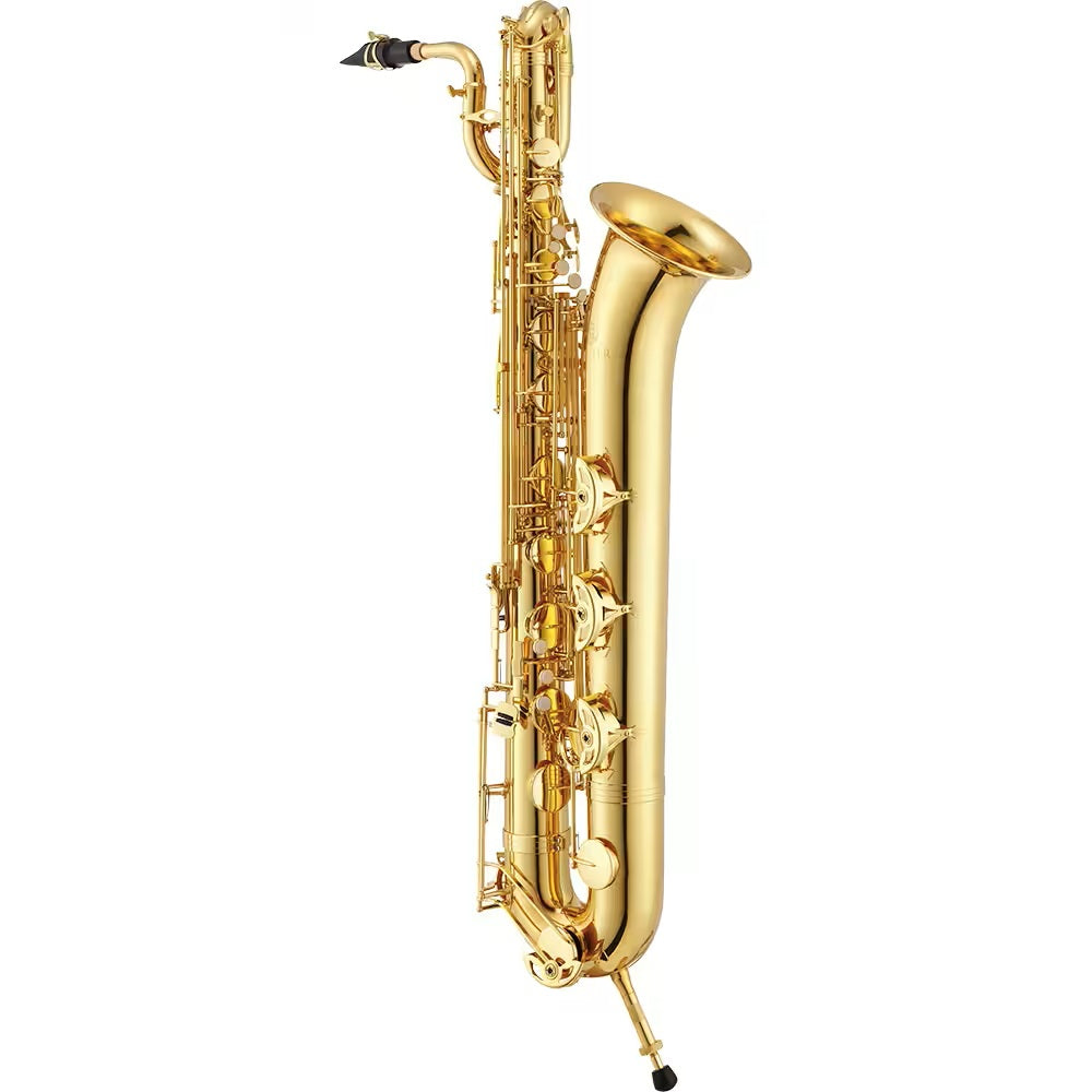 A gold-plated baritone saxophone shown vertically against a solid white background.